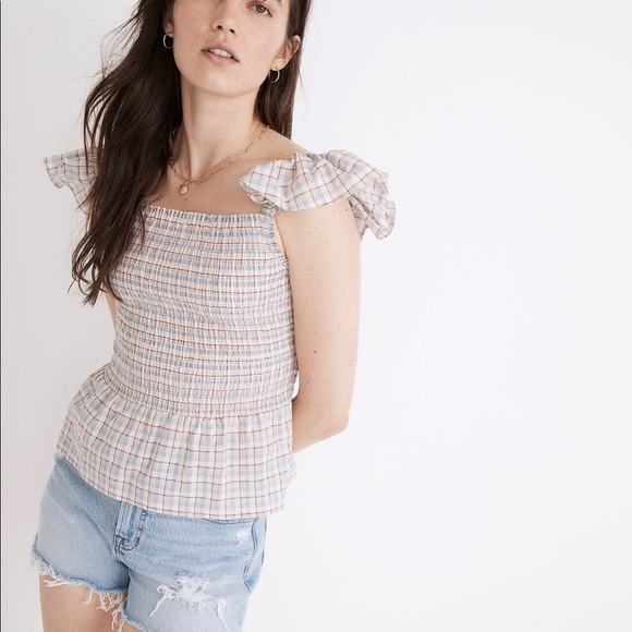 Madewell Tops - Madewell Seersucker Lucie Smocked Peplum Top in Rainbow Plaid size 6 with tags